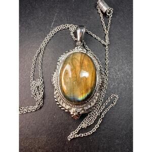 NEW Flashy fire labradorite pendant and chain in stainless steel 20inch